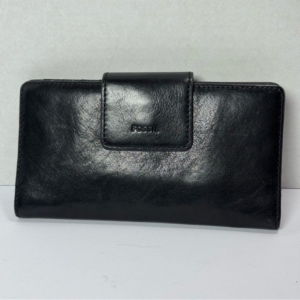 FOSSIL‎ Emma Tab Clutch Wallet Black Genuine Leather Snap Closure Full Bi-Fold